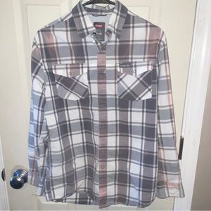 Wrangler mens plaid shirt small long sleeve gray white pink.